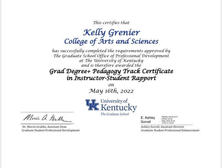I love being at a university that offers so many opportunities to develop as a teacher. Thanks <a href="/ukygradschool/">UK Graduate School</a> for creating a space to read and discuss pedagogical literature and listen to and reflect with my peers on our teaching practices.