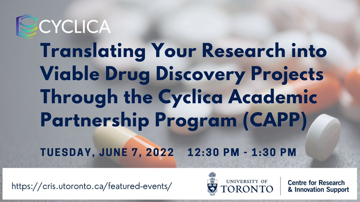 All #researchers &amp; #entrepeneurs! Join us on June 7 to hear about <a href="/Cyclica/">Cyclica</a> Academic Partnership Program (CAPP) &amp; learn how to bring your #drugdiscovery research into clinical quicker. 
Register: lnkd.in/gFbZ6yXK 
<a href="/UofTmedicine/">Temerty Medicine</a> <a href="/UofTPharmacy/">Leslie Dan Faculty of Pharmacy</a> <a href="/UTM_Research/">UTM Research & Innovation</a> <a href="/UTSCresearch/">U of T Scarborough Research & Innovation</a>
