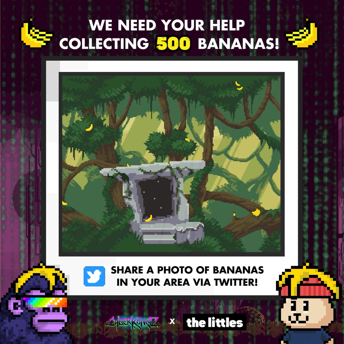 if we can help coco find 500 bananas...

5 winners will get 100 x $BANANAS 

<a href="/CyberKongz/">CyberKongz</a> will also match this amount and donate to <a href="/onetreeplanted/">One Tree Planted</a> (that’s almost 1500 trees planted 👀) 

how?
1⃣ comment with a creative picture of IRL bananas 🍌
2⃣ rt + follow
3⃣ tag your frens