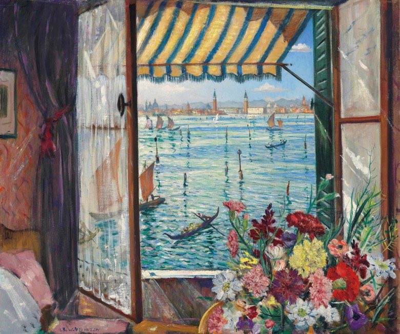 soysauuce's tweet photo. Y no sé vosotras pero yo necesito terminar el día con algo bello. Os traigo esta vista desde la Giudecca de Venecia. 

Christopher Richard Wynne Nevinson, Desde una ventana veneciana, 1934. https://t.co/Asi8MayTCF