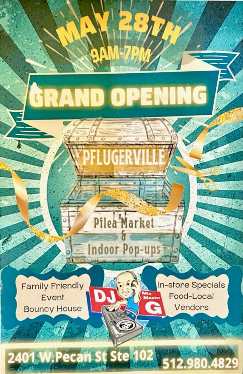 PflChamber's tweet photo. Welcome Pflugerville Pop Up Pflea Market to the Chamber! There's so many great items from local vendors. Stop by for some pfantastic shopping! They're located at 2401 West Pecan Street Suite 102. Don't miss their grand opening this Saturday (5/28) Details are on the photo. https://t.co/ZoGfgy8JMp