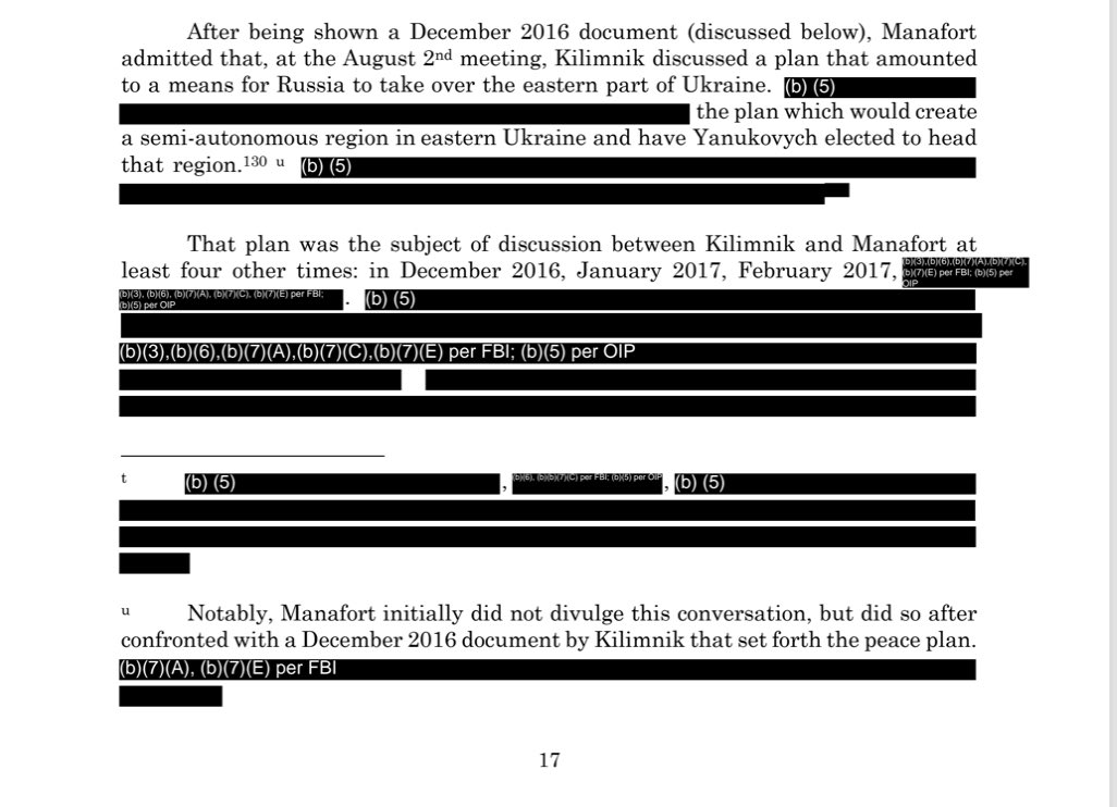 MuellerSheWrote's tweet image. Fascinating. From the alternative Mueller report released today, Manafort and Kilimnik discussed a plan for Russia to take over the eastern part of Ukraine five times. One meeting is redacted for harm to an ongoing matter, and may be within the statute of limitations.