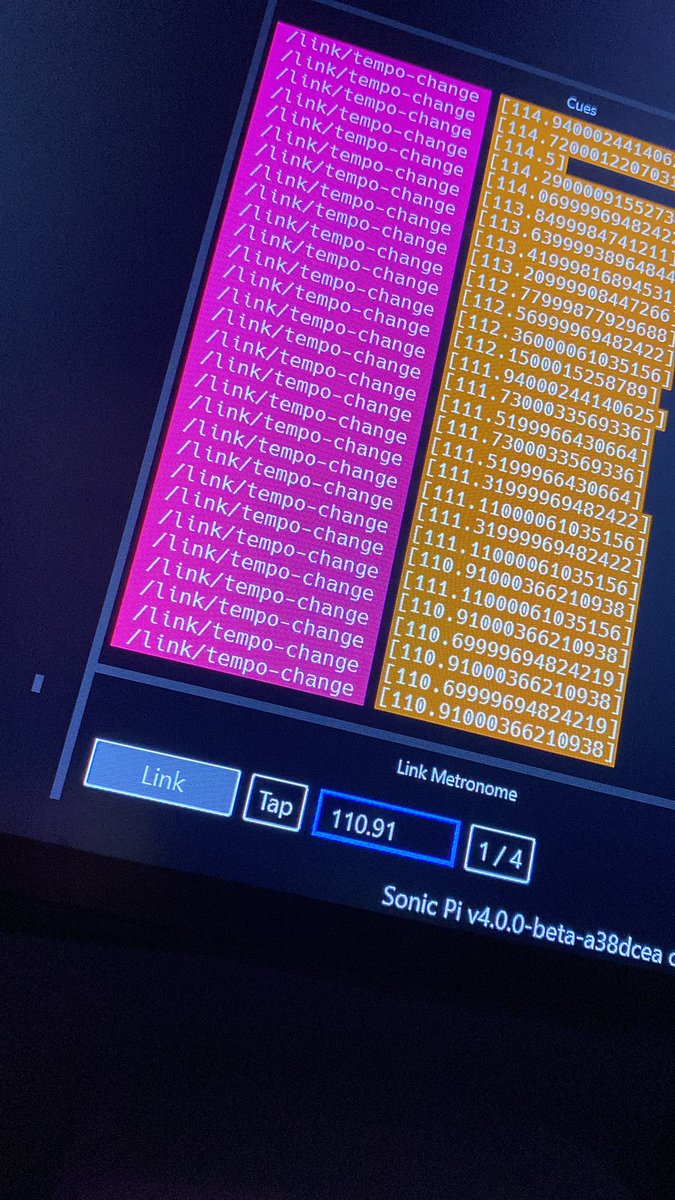 samaaron's tweet photo. Ooh, @Sonic_Pi is getting a tap-tempo button - perfect for jamming in time with external non-code musicians, bands and orchestras! https://t.co/Pikb3Xw53K