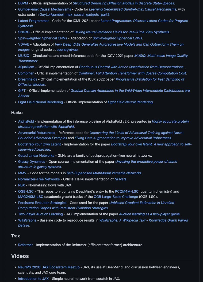 ✨🤩 This repo from <a href="/nicvadivelu/">Nicholas Vadivelu</a> is a goldmine of JAX and JAX ecosystem resources:

github.com/n2cholas/aweso…

🏆 Everything from @DeepMind + <a href="/GoogleAI/">Google AI</a> libraries and high-level APIs; to videos and tutorials about how to use JAX for your experiments; to models implemented in JAX.