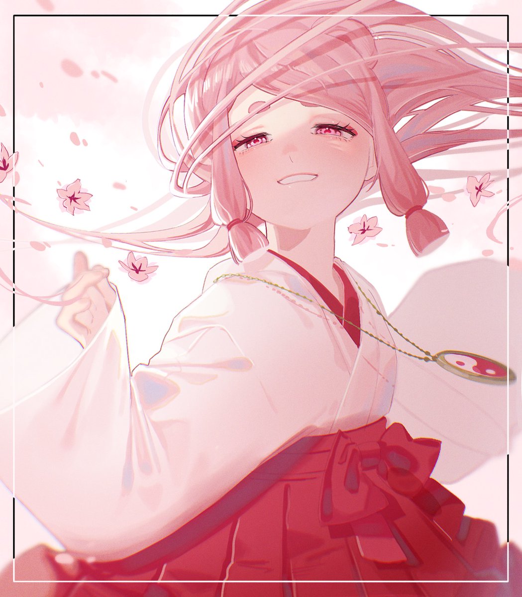 1girl japanese clothes solo pink hair pink eyes long hair miko  illustration images