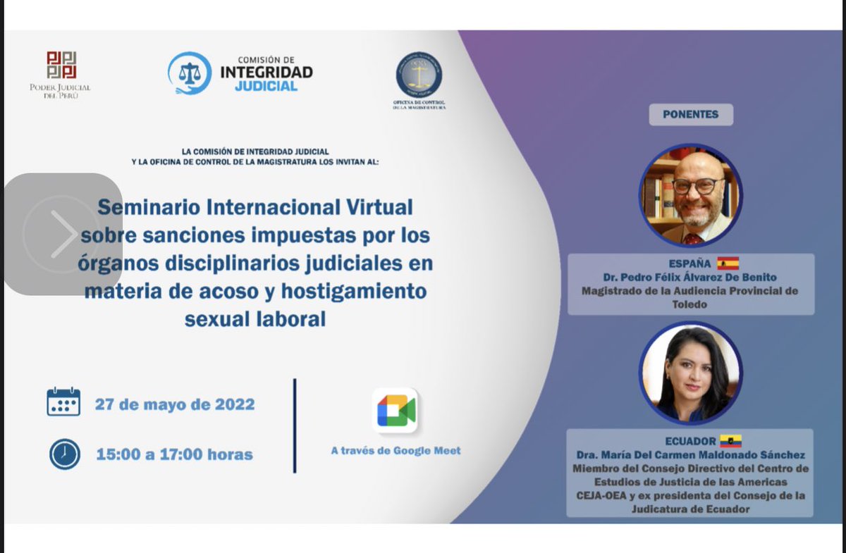 Este 27 de mayo de 2022 ven y compartamos juntos un importante espacio de debate en el seminario internacional virtual sobre sanciones en materia de acoso sexual laboral, Regístrate en el siguiente link y sé parte de este interesante tema de actualidad. forms.gle/NqH5KgSniwLH1W….