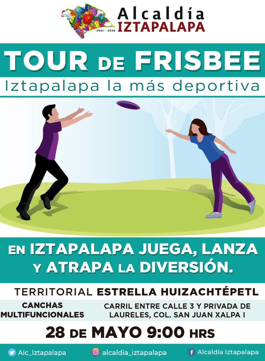 ClaraBrugadaM's tweet photo. ¡En #Iztapalapa juega, lanza y atrapa la diversión! Ejercítate en el #TourDeFrisbee que este sábado 28 de mayo llega a las #Multicanchas ubicadas en calle Carril, col. #SanJuanXalpa. Te esperamos a las 09:00 horas, ¡no faltes!
#IztapalapaLaMásDeportiva https://t.co/y2kJdk4Ml6