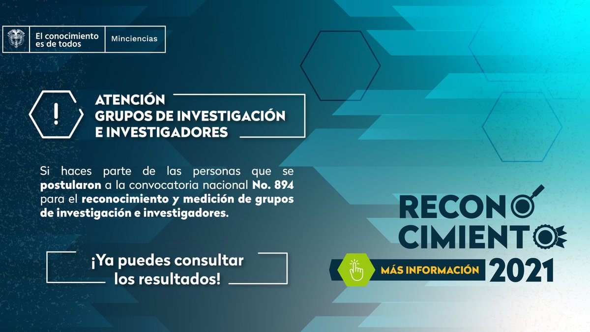 MincienciasCo's tweet photo. ⭕Si participaste en la #Convocatoria894 ¡Esto te interesa! 🤩
Ya están disponibles los resultados de la convocatoria nacional para el reconocimiento y medición de grupos de investigación.  Ingresa y descubre si haces parte de los grupos reconocidos.  

📲https://t.co/sUgN9EDdV0 https://t.co/8tlWTmsrQC