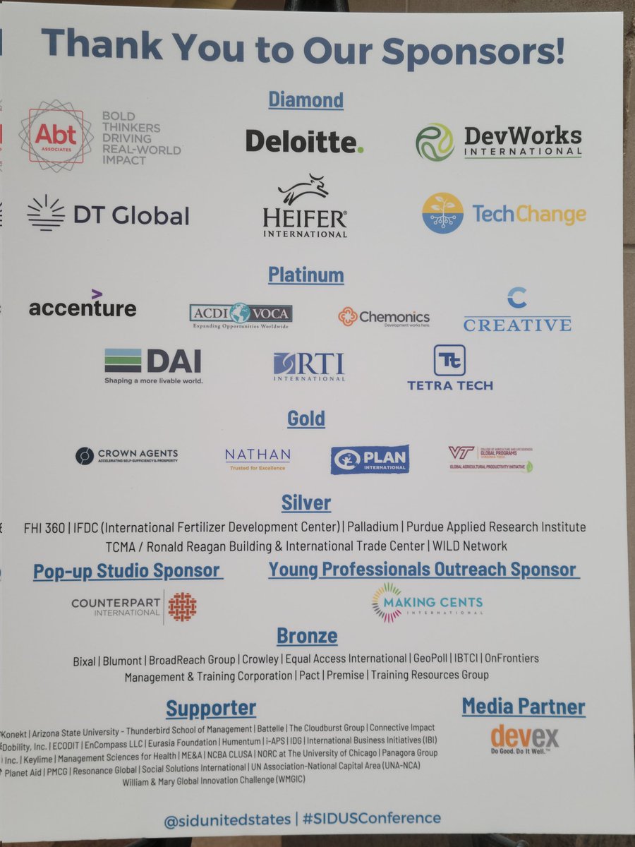 StacyShamberger's tweet photo. Just a few of the amazing sponsors at the #SIDUSconference today in #WashingtonDC - thank you for helping to make this conference #awesome
@Chemonics @DevWorks_Intl #DAI #WILDNetwork @Heifer https://t.co/RB91m6Ktjr