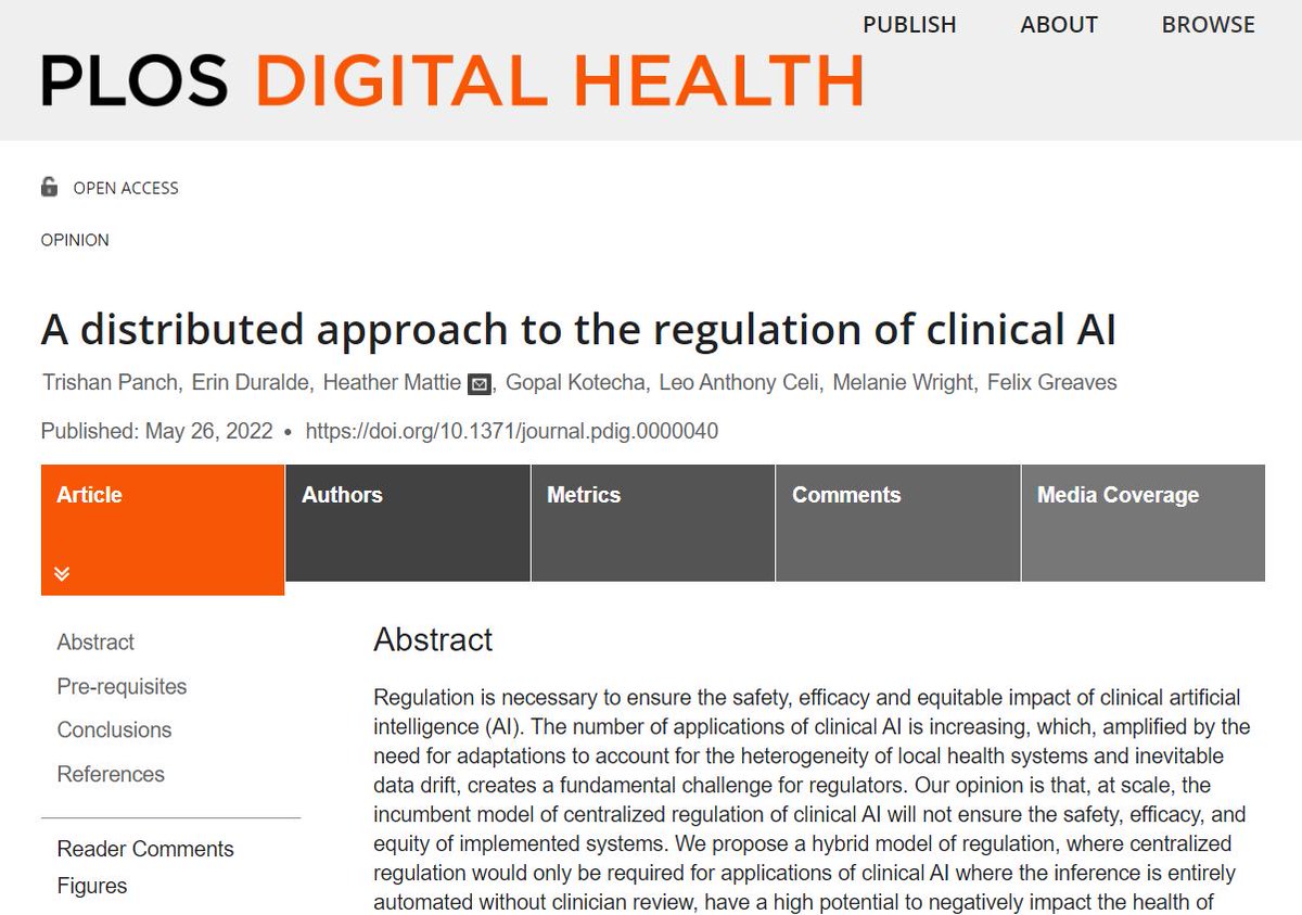 New today, in this Opinion piece Panch @basslinetherapy et al, propose a distributed approach to the regulation of #clinicalAI that includes an amalgam of centralized and decentralized regulation #DigitalHealth dx.plos.org/10.1371/journa…