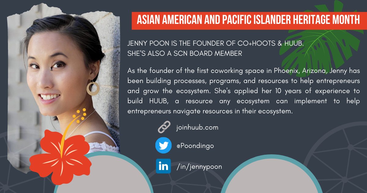 In honor of Asian American &amp; Pacific Islander Heritage month, we're highlighting some members who are breaking barriers in their ecosystem and in the field of #ecosystembuilding. Board Member Jenny @poondingo is the founder of <a href="/joinhuub/">joinhuub</a> and <a href="/cohootsphx/">CO+HOOTS - #1 Ranked Coworking Space in AZ</a>.