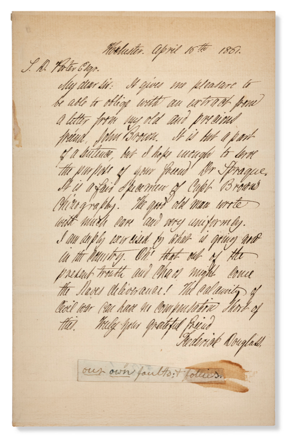 An 1861 letter by Frederick Douglass to Samuel Porter expresses hope that the Civil War will end slavery and includes a snippet of text in John Brown's hand.

It just sold at @ChristiesBKS's Reese sale for $150,000 hammer—$189,000 with buyer's premium.

https://t.co/BLy9t9LI28 https://t.co/BYBwyPgX7T