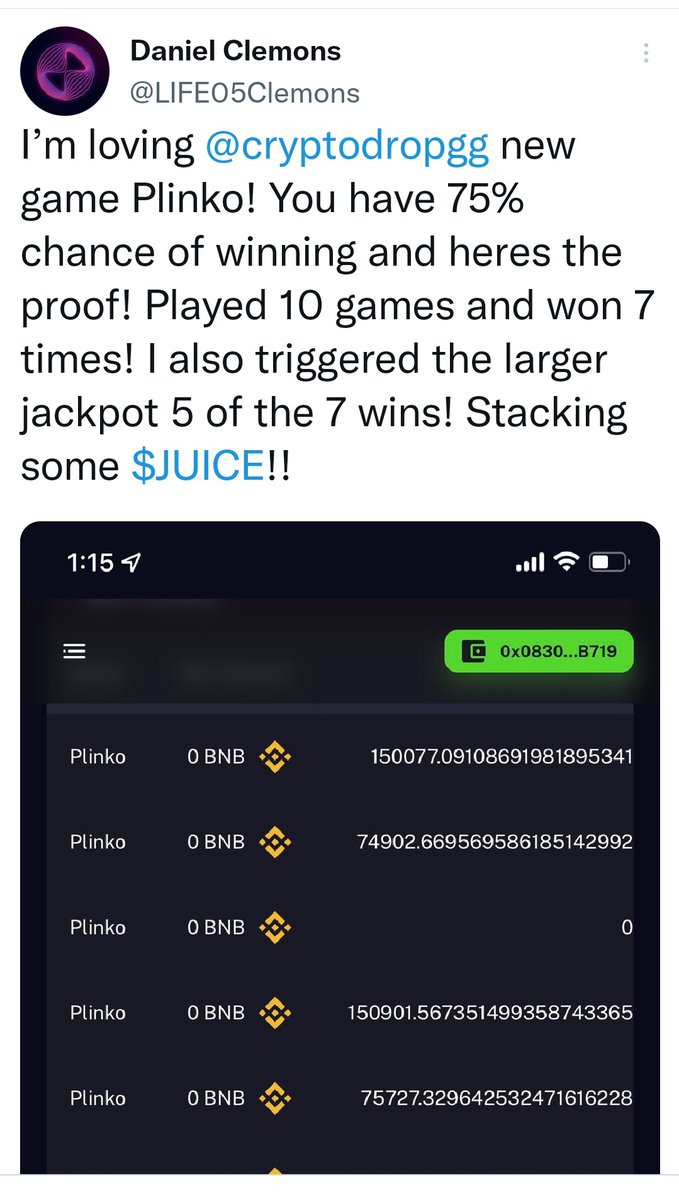 pinoycryptoking's tweet photo. Great to see a lot of people winning in the new #PLINKO game by @cryptodropgg $JUICE.
What are you waiting for?
The Perfect time to PLAY and earn rewards is NOW!
The Perfect time to Stack $JUICE 🧃 is NOW!
Website: https://t.co/LCmD3rON9f
#JUICE #CDROP #OnlineCasino https://t.co/ub7ZU6VS0J