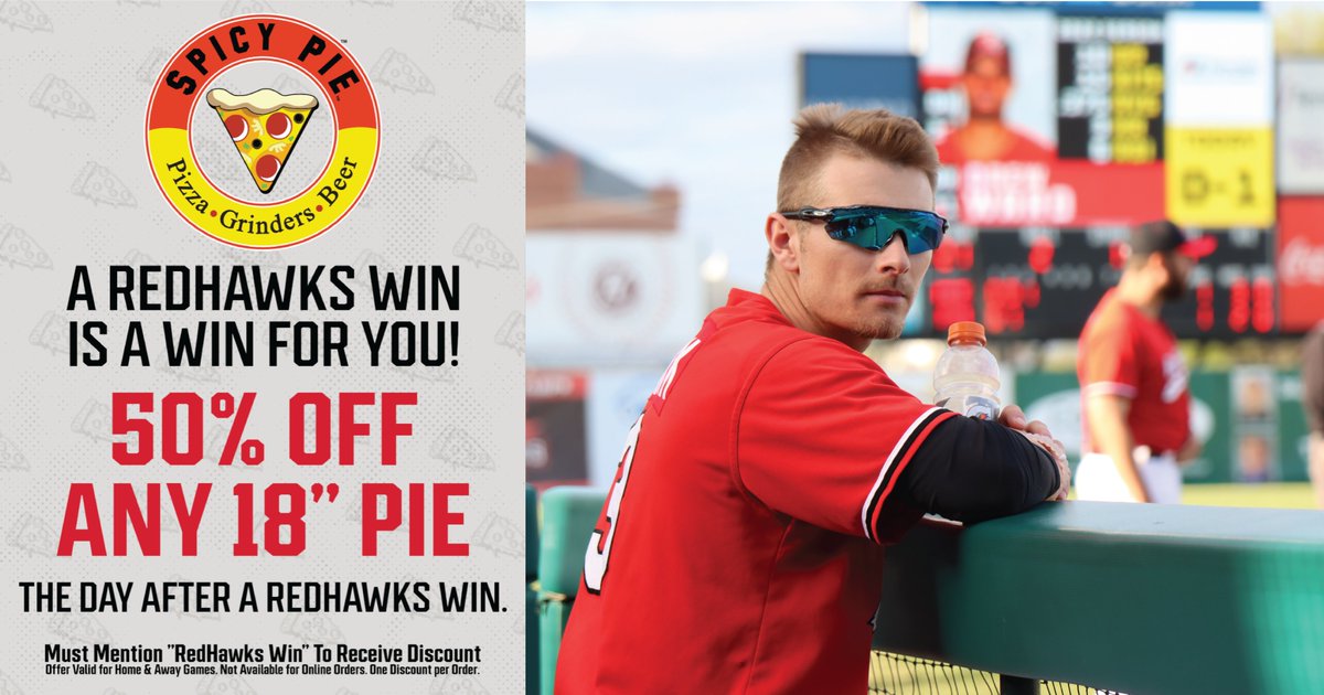 FMRedHawks's tweet photo. We can't guarantee you'll look as cool as @NickMNovak when you go to @SpicyPiePizzaND, but we can guarantee you 50% off today!
Just say #RedHawksWin when you order any 18-inch pizza! https://t.co/66lCT7aHFL