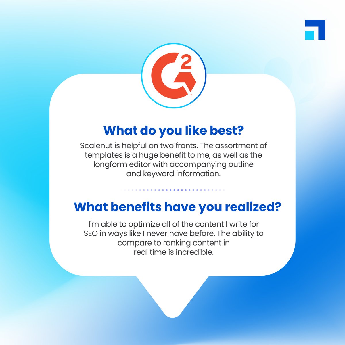 Scalenut_AI's tweet photo. Your lovely reviews help us stay inspired.๐
Share your review of @Scalenut_AI on @G2dotcom or comment down below. ๐
#Scalenut #Scaleup #ContentWritng https://t.co/igbquqhBFt