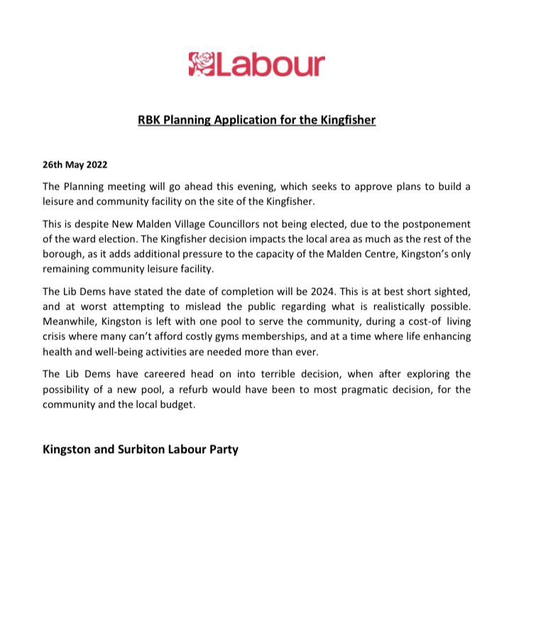 Our statement ahead of tonight’s meeting regarding the Planning Application for the Kingfisher: 
Watch the meeting here: kingston.public-i.tv/core/portal/we…