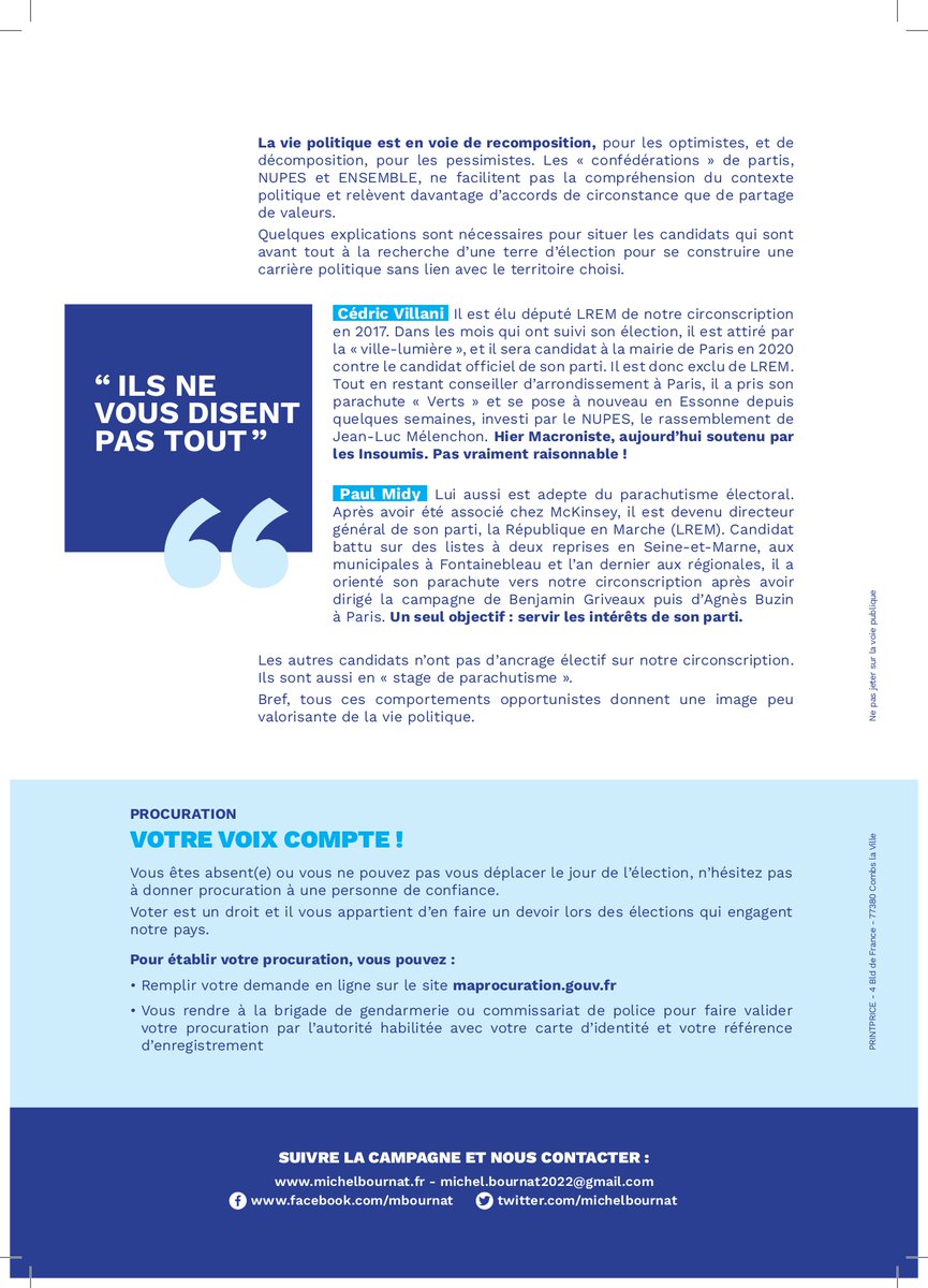 Découvrez quelques messages de clarification sur l'élection législative dans votre circonscription. Il est toujours bon de rappeler quelques vérités. #Essonne #legislative2022 ⚠️ michelbournat.fr/_files/ugd/8a9…