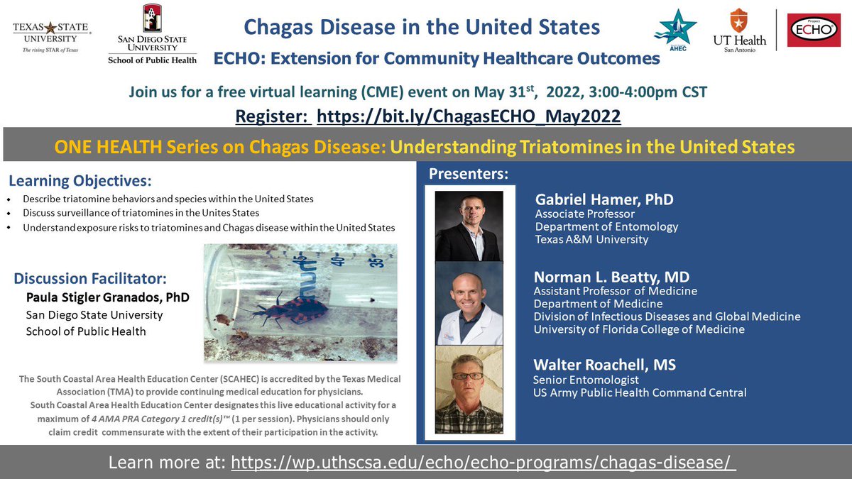 ChagasTexas's tweet photo. Excited to announce we are resuming our #Chagas disease #ECHO sessions! This one is kicking off a series on #OneHealth and #Chagas talking about #Triatomines in the U.S. register - https://t.co/3U55WddFKH @USChagasNetwork @CDCGlobal @NormanBeattyMD @ChagasBoston @IDSAMedEdCOP https://t.co/cYNijSTmsv