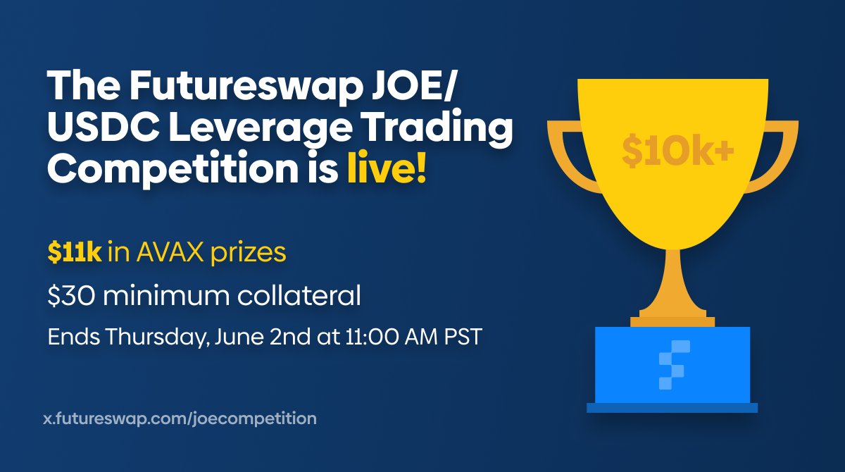 futureswapx's tweet photo. 1/ Our leverage trading competition on the $JOE / $USDC exchange atop @traderjoe_xyz and @avalancheavax is now live! 🚀

🏆 $10k in $AVAX for top traders, plus a $1k $AVAX raffle, and POAPs for all participants. Only $30 in collateral needed.

Enter at https://t.co/oZFwH9YCm1 🏁 https://t.co/416eJVCzyl