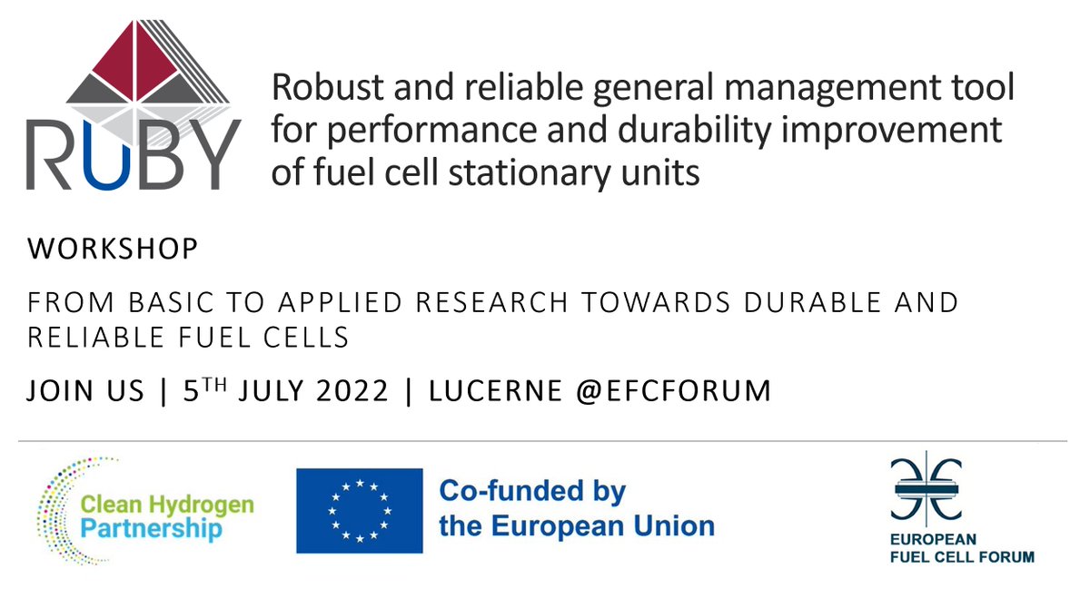 #hydrogen #fuelcells #diagnostics #control #workshop 

RUBY project 🇪🇺 sent over the 1st Newsletter🗞️
see more: bit.ly/RUBYNWSL1

Register to the Project Workshop - 05/07/22, Lucerne (CH) <a href="/EFCForum/">European Electrolyser and Fuel Cell Forum</a> 

15 talks from 10 research institutions!

Link: rubyproject.eu/dissemination/…