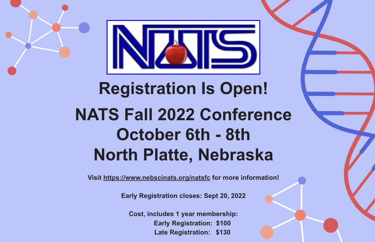 Registration for Fall Conference is now OPEN!  Join us in North Platte for this year's conference October 6-8.  Register at:  nebscinats.org/natsfc
