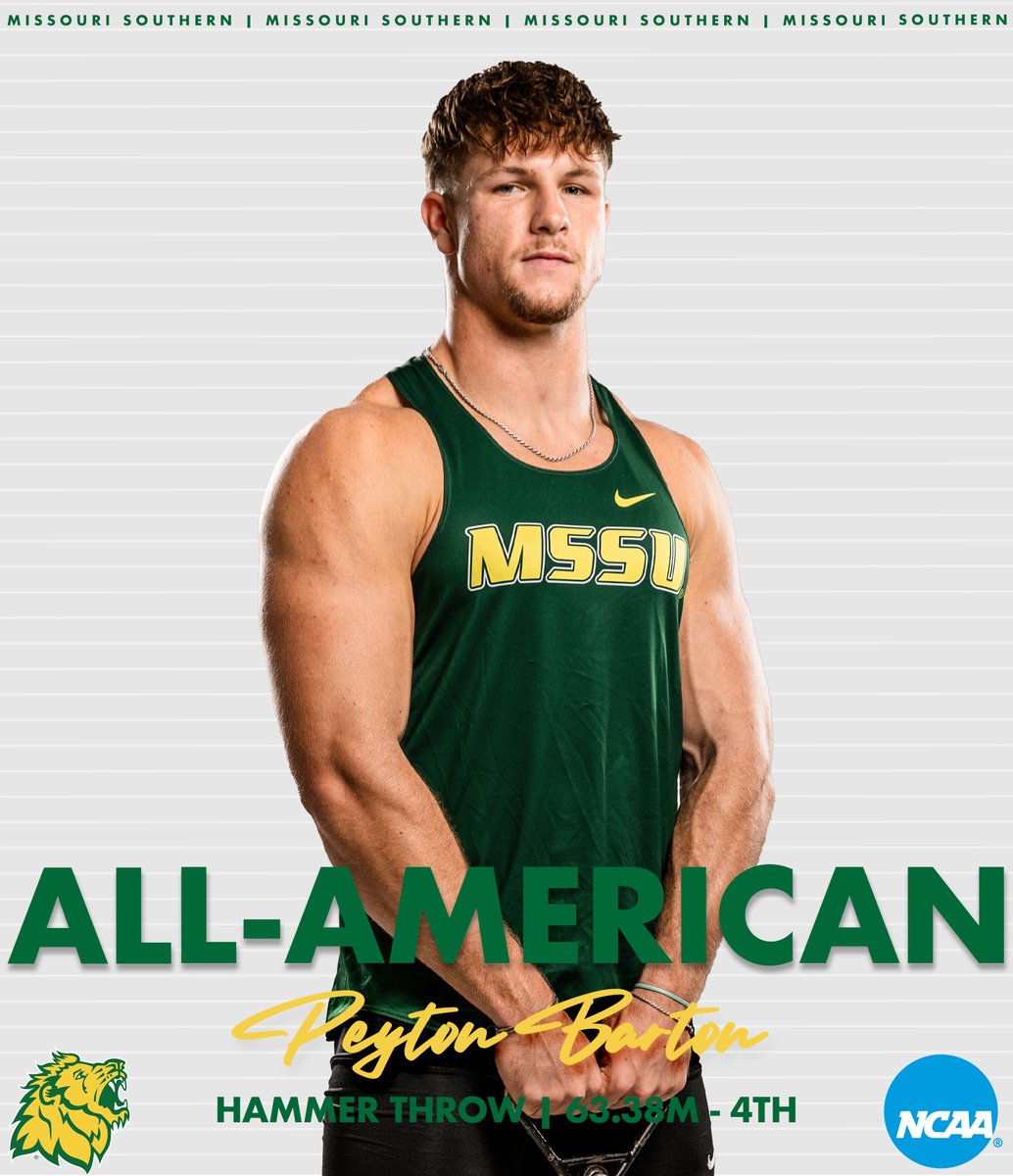 MoSoXCTF's tweet photo. ALL-AMERICAN ALERT 🚨 - Peyton Barton places 4th in the men's hammer throw with a distance of 63.38m to earn his second career All-American honor. #LetsRoar 🦁 https://t.co/LSCNriqz5o