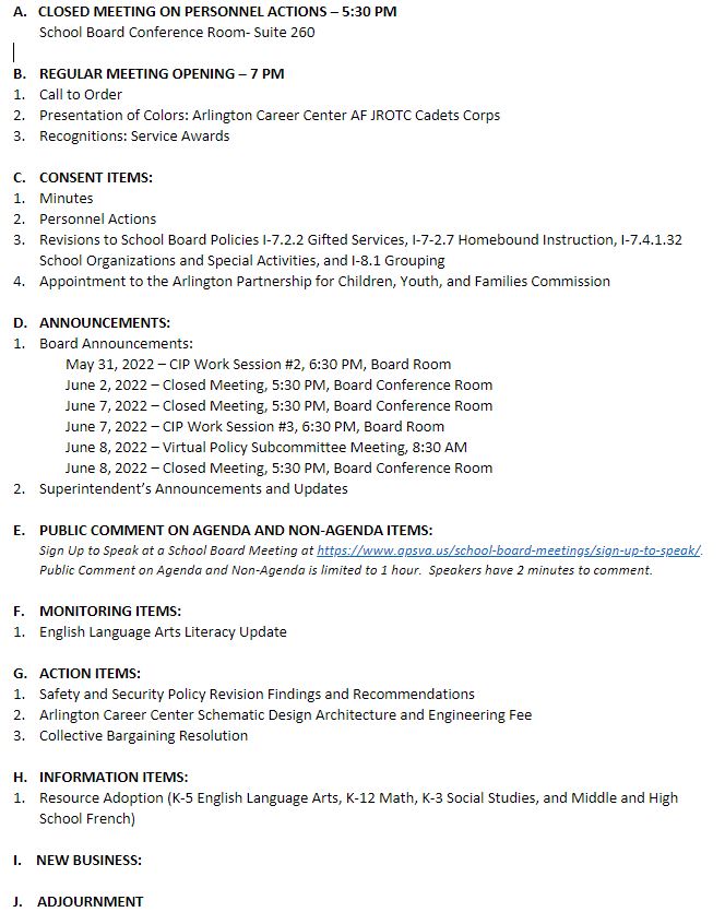 The agenda for today's May 26, 2022, SB Meeting is posted on BoardDocs:
<a target='_blank' href='https://t.co/4l4LELbDUE…Subject'>https://t.co/4l4LELbDUE…Subject</a> to change.

Meetings are available for viewing live on the APS website <a target='_blank' href='https://t.co/OxE5eTLJcd'>https://t.co/OxE5eTLJcd</a>…
& broadcast on Comcast Cable Channel 70 & Verizon FIOS Channel 41 <a target='_blank' href='https://t.co/rB1pmVfu4j'>https://t.co/rB1pmVfu4j</a>