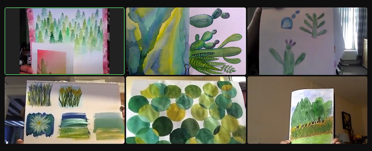 Here is Tuesday's zoom mural. We were looking at green as a secondary colour and mixing different tones of green. Lou said 'Beautiful work from all and thank you Aly for covering for Miranda, it's much appreciated.'