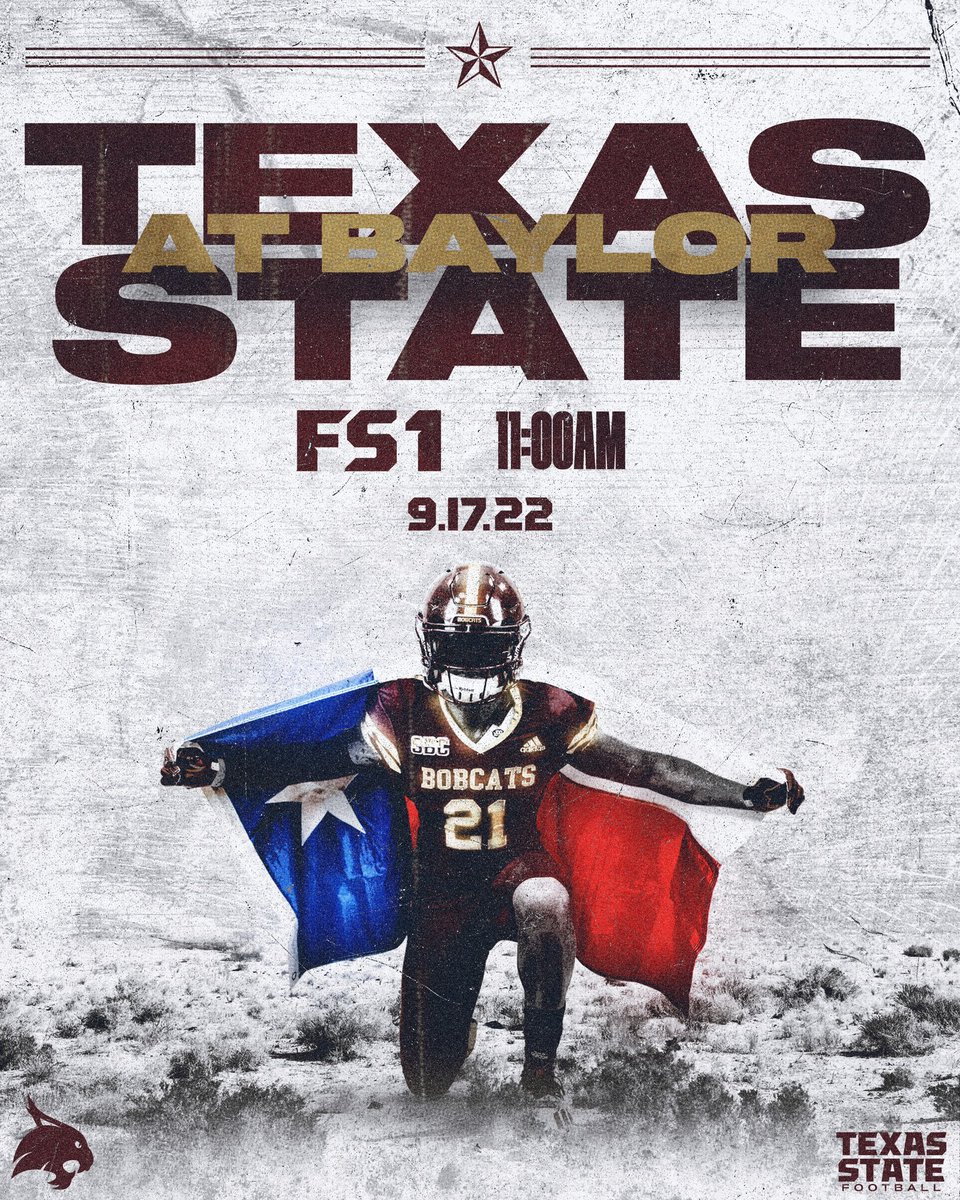 TXSTATEFOOTBALL's tweet photo. 𝗞𝗶𝗰𝗸𝗼𝗳𝗳 𝗧𝗶𝗺𝗲 𝗦𝗲𝘁 𝗳𝗼𝗿 𝗠𝗮𝘁𝗰𝗵𝘂𝗽 𝗶𝗻 𝗪𝗮𝗰𝗼

🆚: Baylor
📍: McLane Stadium
🕚: 11:00am CT
📺: Fox Sports One

#TEAM  #EatEmUp https://t.co/o5zq5SbPww