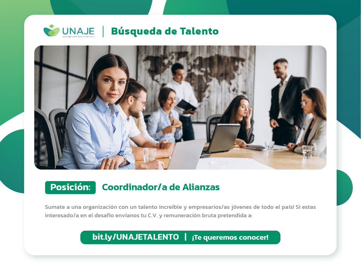 SEGUIMOS CRECIENDO🇦🇷 Buscamos a nuestro/a próximo/a: Coordinador/a de alianzas ¿Qué desafíos te esperan? - Desarrollar programas dentro de UNAJE - Generar alianzas con empresas y orgs de todo el mundo - Y mucho más!!! ¿Queres saber más? 👉Postulate en bit.ly/UNAJETALENTO