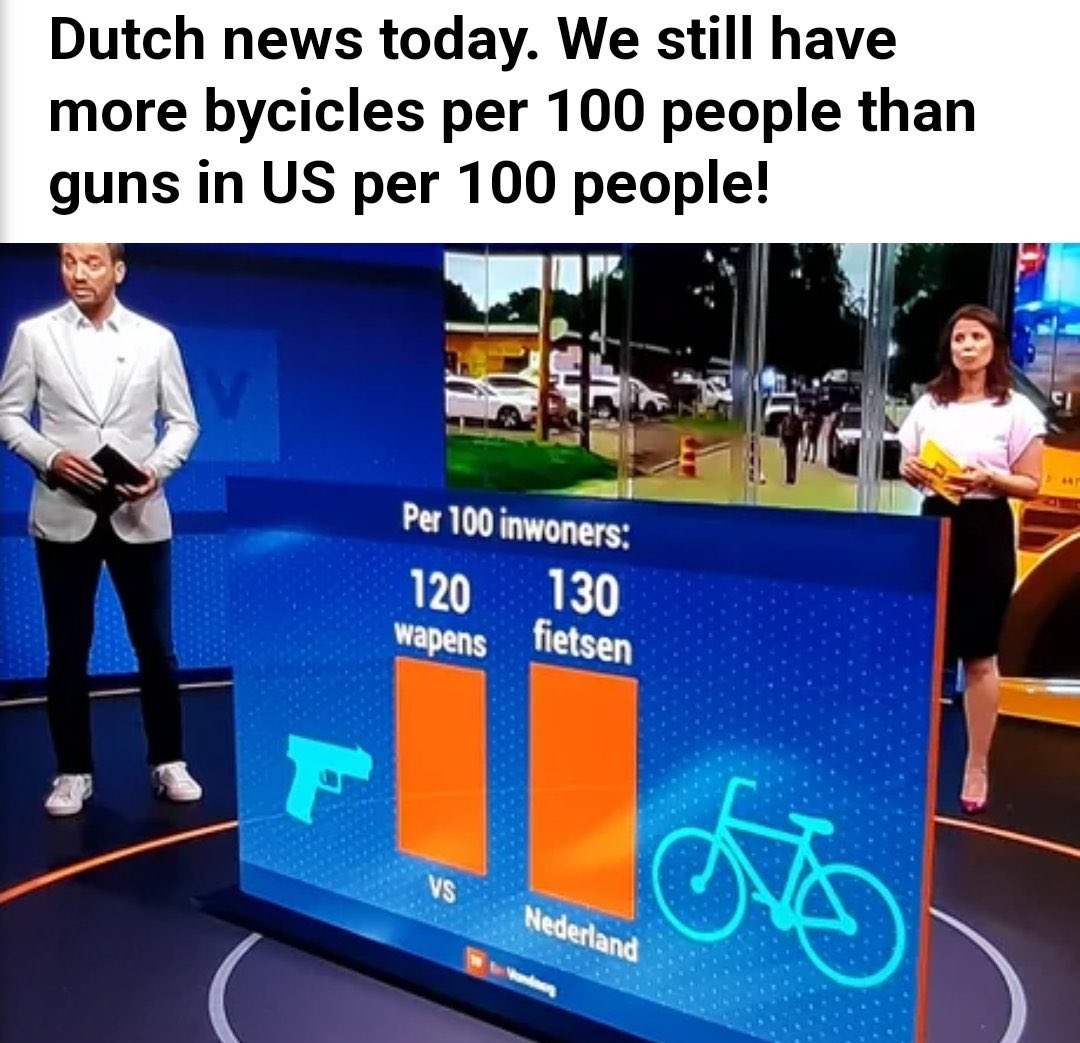 EEUU: más armas de fuego que habitantes.

Países Bajos: más bicis que habitantes.

Ambos son resultados de decisiones políticas.