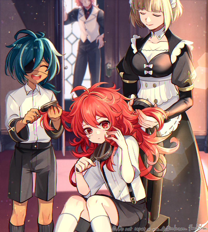 diluc (genshin impact) ,kaeya (genshin impact) multiple boys red hair closed eyes maid red eyes shorts shirt  illustration images