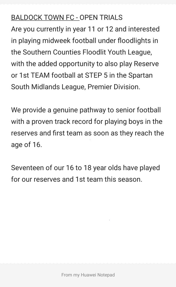 TRIALS FOR 2022/23 SEASON
Saturday, 28th MAY, 10:30am till 12pm, 3G at Baldock Arena, SG7 5AU. Message Nick on 07507 445099 to register, or just turn up on the day. Please retweet: <a href="/baldocktownfc/">Baldock Town FC</a> <a href="/BaldockTownRes/">Baldock Town Reserves</a> <a href="/pda_hitchin/">Pro:Direct Academy Hitchin</a>  <a href="/PEJHN/">JHN PE</a> <a href="/KTS_PE/">KTS PE Department</a> <a href="/FearnhillPE/">Fearnhill PE</a> <a href="/HighfieldPE/">Highfield PE</a> @SamWhitPE