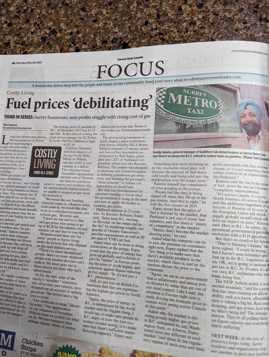gurdipsahota's tweet photo. @tomzytaruk Thank you π for the copies of the @SurreyNowLeader & @CloverdaleNews and for the full page story on the impacts of high gas prices on small businesses !! #bcpoli #gasprices #BCTaxis #affordability #CostOfLivingCrisis #gastaxes @SBofT @anitahuberman @TranBC https://t.co/xvAPiM4pVZ