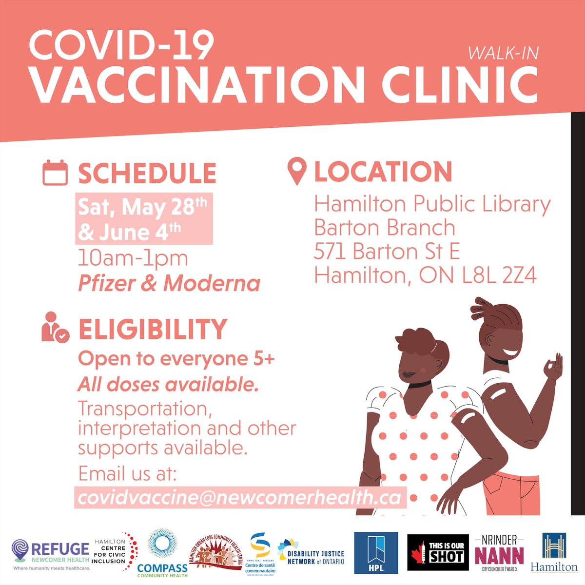 📣 #COVID19 vaccine clinic 📣
Run by  <a href="/Refuge_HCNH/">REFUGE Newcomer Health</a>

🗓️ May 28th &amp; June 4th, 2022
📍<a href="/HamiltonLibrary/">Hamilton PL</a> Barton Branch 571 Barton St. E
⏱️ 10am - 1pm

1st/2nd/3rd/4th dose open to everyone 5+

Email covidvacccine@newcomerhealth.ca for more info

#COVIDHamOnt #HamOnt