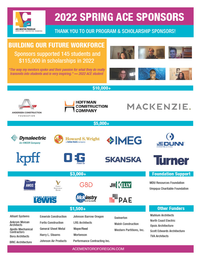 We would like to extend a huge thank you to all of our 2022 ACE Scholarship Sponsors! Thank you for investing in students interested in architecture, construction and engineering. This work would not be possible without your support!