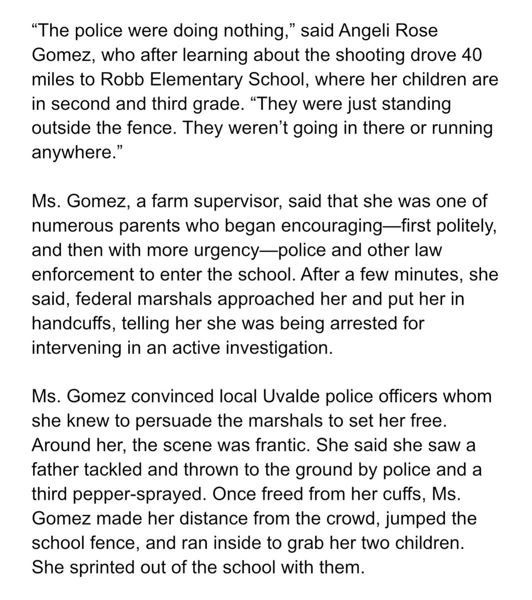 A mom who was urging law enforcement to enter the school in Uvalde was arrested for intervening in an active investigation. 

Once she was released, she jumped the fence and went inside to rescue her two children. 

wsj.com/articles/uvald…