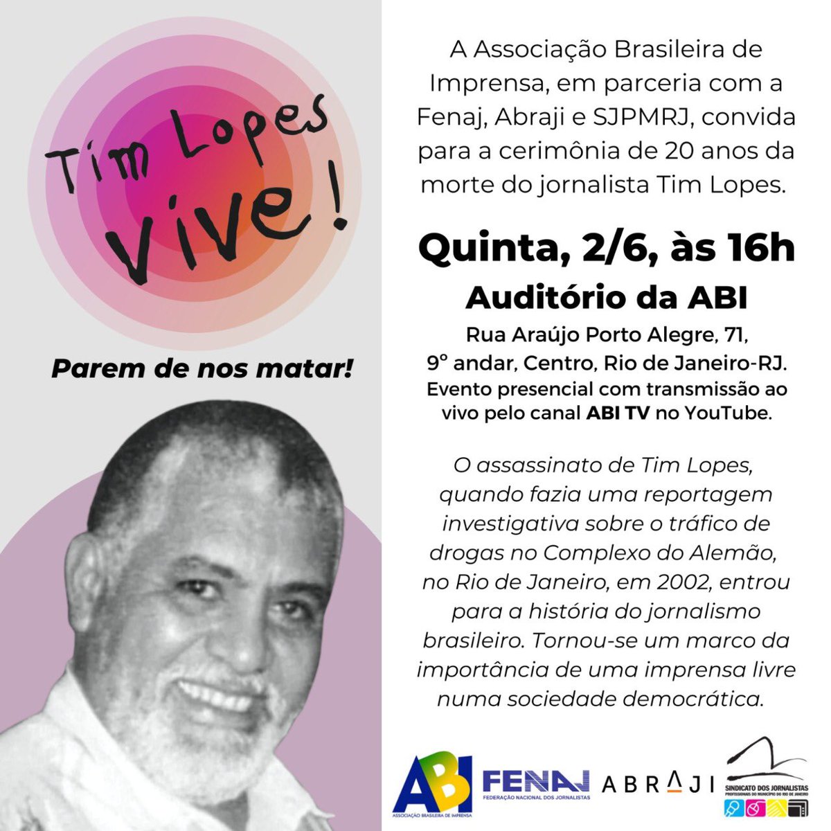pluraleemsite's tweet photo. Viva #timlopes !! Presente!! Saudades suas, bom amigo … / @reporterdecrime @ruben_berta @BlogdoNoblat @vnetto @Mleitaonetto @chicoregueira @luliguimaraes @thompsonfernand @abraji @SindJorRio @JornalistaseCia https://t.co/rULHx53bLP