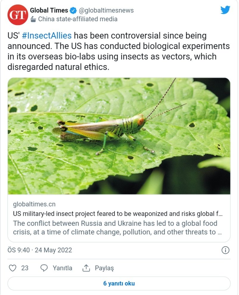 _HSYN_YLMZ_'s tweet photo. Küresel gıda krizinin nedeni olarak Rusya ve Çin suçlanırken
Çin,Darpa'nın 2018 #InsectAllies
projesine değindi;
"Genetiği değiştirilmiş böcek sürüleri bir ülkenin tarlalarına saldırabilir ve gıda üretimini yok edebilir "
https://t.co/uste5GKGLm
https://t.co/vsmlgT4yb3 https://t.co/cTiMzbv8tD