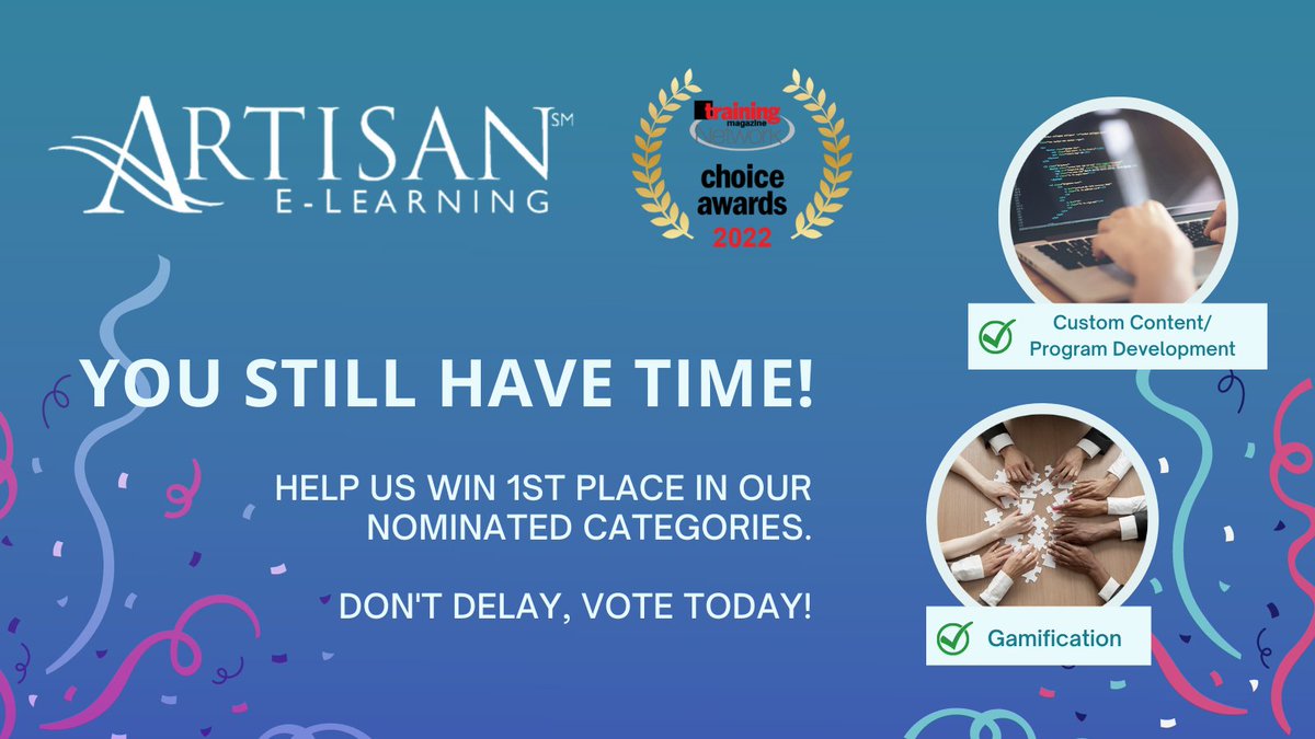 ArtisanElrng's tweet photo. Voting for @TrainingMagUS Network Choice Awards is still open! Artisan is nominated in two categories, Gamification and Custom Content/Program Development. We were winners of this award twice in past years and we’d love your vote to win again! https://t.co/yv5wUfOjMy https://t.co/RwRlbLRwA7