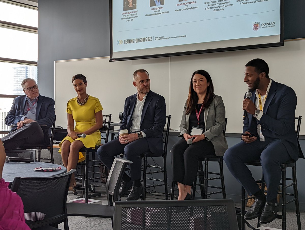 LoyolaQuinlan's tweet photo. In the Driving DEI in Economic Development panel we've got Brad McConnell from @Allies4CB, Ciere Boatright from @CRG_Real_Estate, @davedoigchi from the Chicago Neighborhood Initiatives, and Vanessa Uribe from @IllinoisDCEO, moderated by @jonathanjmcgee from IDOT.
#LeadingForGood https://t.co/FWh3Lec2q2