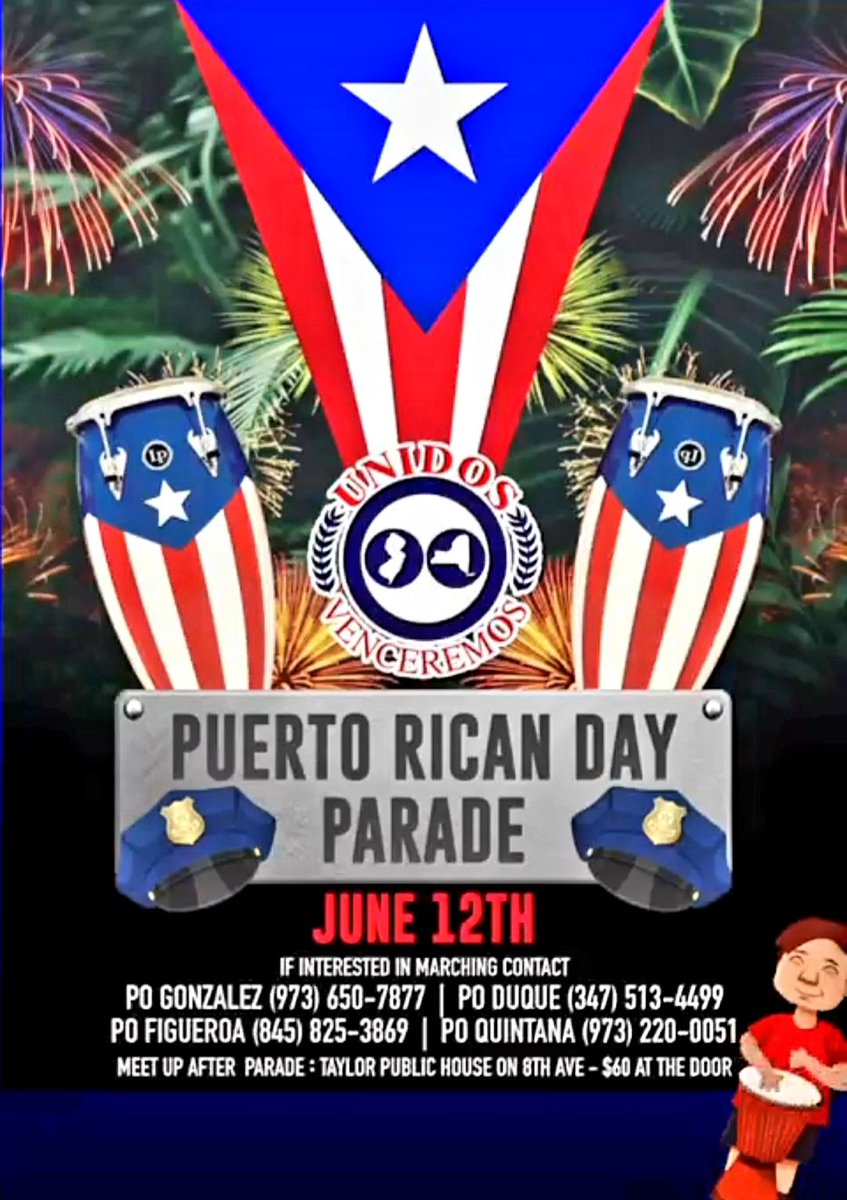 PAPD911's tweet photo. A great time every year. Any MOS wanting to march contact the Port Authority Police Hispanic Society using the numbers on the flyer.
#puertoricandayparade #puertorico #PAPHS #PAPDPROTECTSNYNJ #PAPD #PAPBA #PANYNJ https://t.co/q2xmUVvcw9