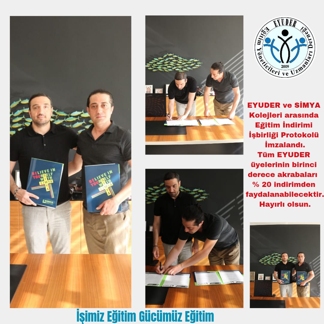 EYUDER ve SİMYA Kolejleri arasında Eğitim İndirimi İşbirliği Protokolü İmzalandı.Tüm EYUDER üyelerinin birinci derece akrabaları % 20 indirimden faydalanabilecektir.
Hayırlı olsun.