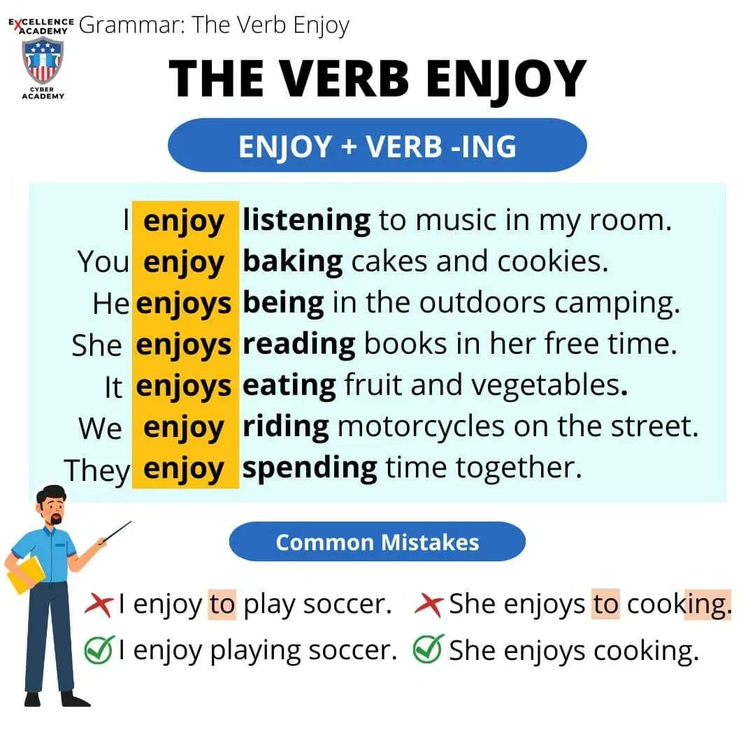 I enjoy to play cards. ❌ I enjoy playing cards. ✓ After ENJOY we need to  use the verb in GERUND form (verb-ing) 👉 Enjoy + GERUND  I…