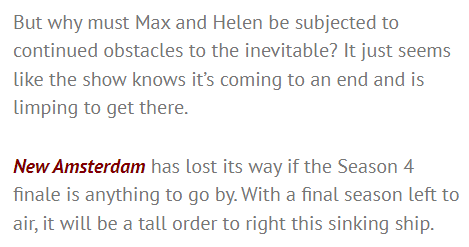 DonniesRichonne's tweet photo. Amen &amp; goodnight. #newamsterdam
"New Amsterdam has lost its way if the Season 4 finale is anything to go by. With a final season left to air, it will be a tall order to right this sinking ship."

https://t.co/sBX8sC7kFC https://t.co/VInPN3mA5u