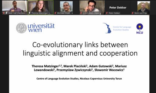 symbolicstorage's tweet photo. The next @ccile2022 #CCILE flash talk is by my @cles_ncu colleagues @thematzing @MPlacinski, Adam Gutowski, Mariusz Lewandowski, Przemyslaw Zywiczynski, and Sławomir Wacewicz: "Co-evolutionary links between linguistic alignment and cooperation –an experimental study" https://t.co/6tgYzEeHSN