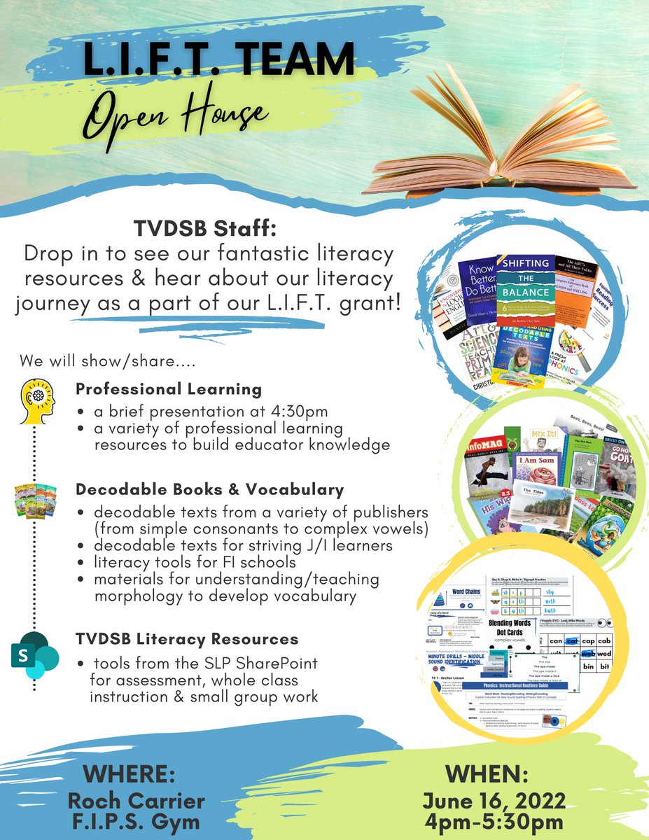 Our LIFT team will be hosting an open house for TVDSB staff at Roch Carrier F.I. in Woodstock, on June 16th. Be sure to check out our selection of decodable books from a variety of publishers, along with professional books and other literacy resources. We hope to see you there!