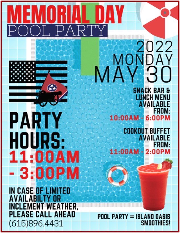 Who is excited for the Memorial Day pool party? ☀️ 🇺🇸 🏊‍♀️ 🗽 

We can’t wait to have our members back at the pool for our opening on Memorial Day! In case of limited availability or inclement weather please call (615)896-4431