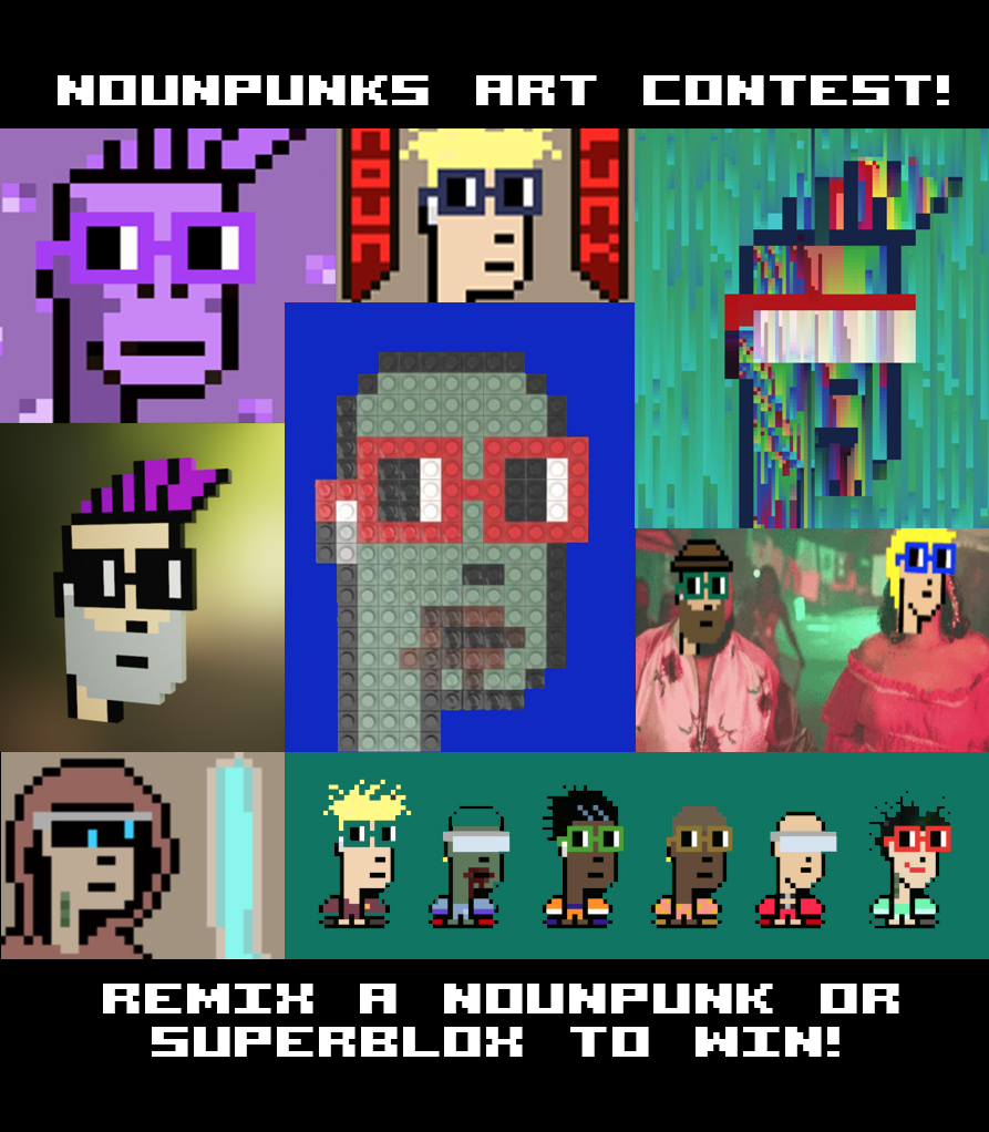 Announcing the NounPunks REMIXED Art Contest! 

What: Remix any NounPunk or superBLOX NFT art in your own style! Can be a still image, a gif, a vid, a song-- the sky is the limit!  

When: Now thru June 9!

Why: Win a Brand New Laptop + @Coursera Bursary!

Enter using #NPRemixed!
