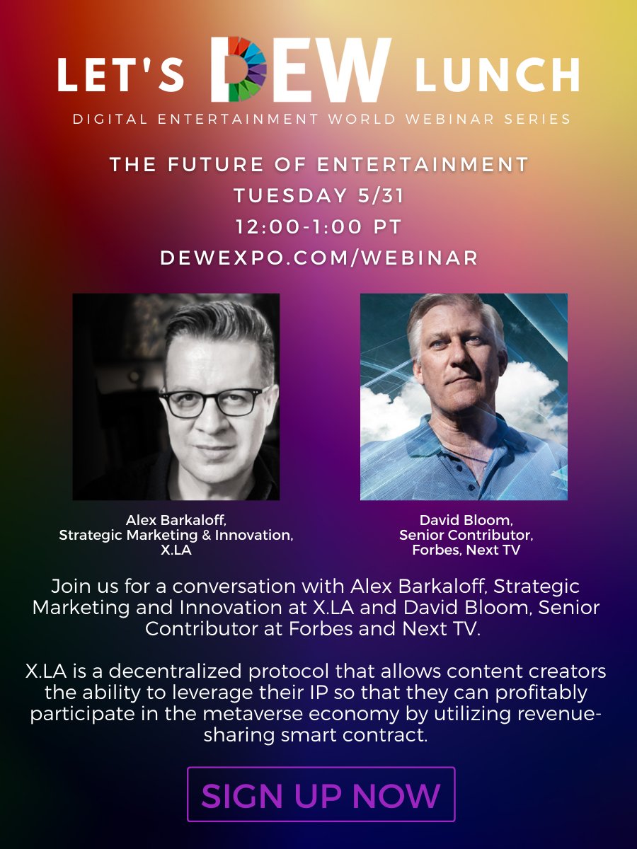 Next Tuesday on Let's DEW Lunch we have X.LA's Alex Barkaloff with David Bloom, Senior Contributor of Forbes as they discuss the metaverse Register here: buff.ly/3MLNEI1 #LetsDEWLunch #metaverse #web3